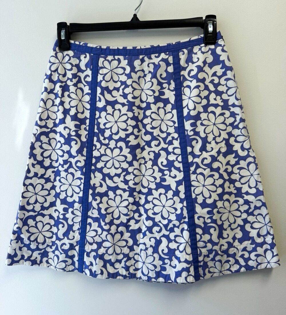 size 6 Boden Blue White Floral A-Line Knee Length Cotton Canvas Skirt Zip Closur